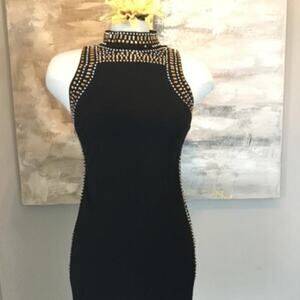 Jeweled Party Mini Dress Fitted w/gold accent mock sleeveles bodycon